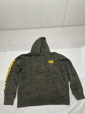 Caterpillar Olive Camo Hoodie with Yellow CAT Chest Logo Sz: Large